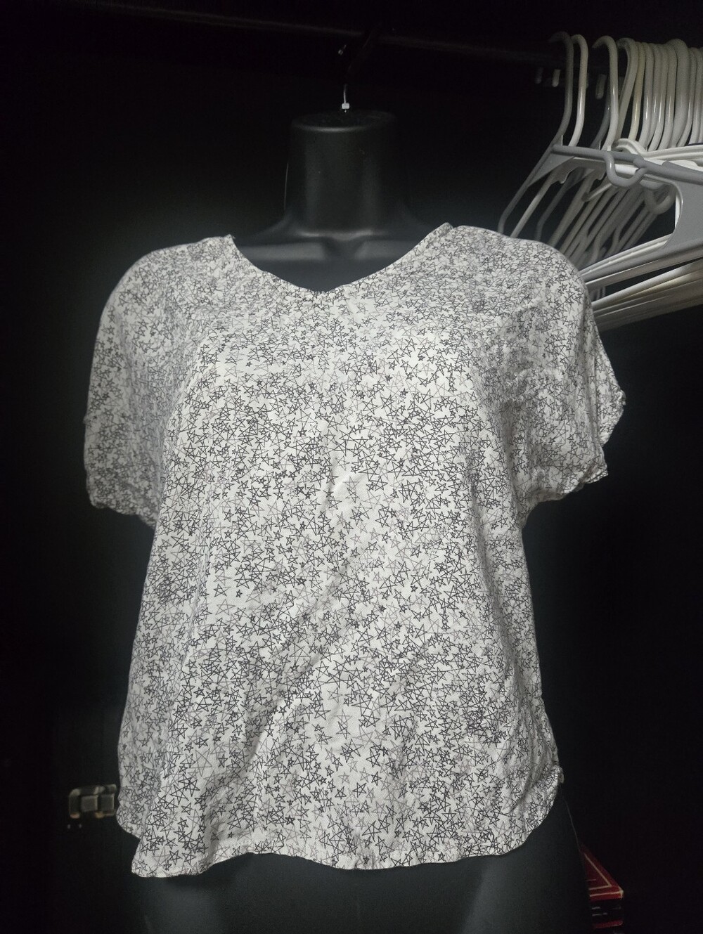 White Black Star Print Short Sleeve V-Neck Blouse Top Celestial